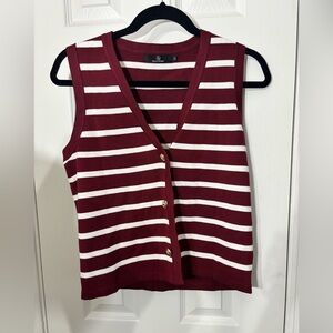Burgundy and White Striped Knit Sleeveless Cardigan
